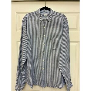 RCH Richards Linen Shirt Mens Blue White Striped Long Sleeve Button Up Casual